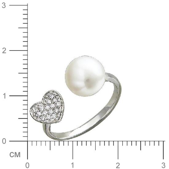 Кольцо безразмерное Сердцес жемчугом, фианитами из серебра (арт. 820549)