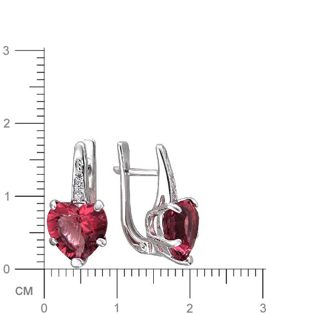 Серьги Сердечки с родолитами и фианитами из серебра (арт. 822169)