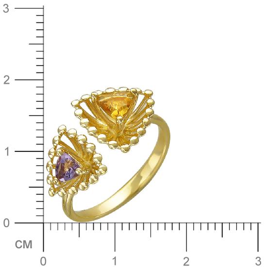 Кольцо безразмерное с аметистом, цитрином из желтого золота (арт. 822893)