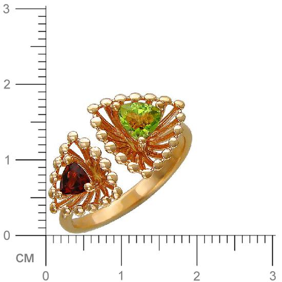 Кольцо безразмерное с гранатом, хризолитом из красного золота (арт. 823053)