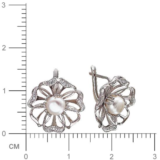 Серьги Цветы с жемчугом, фианитами из серебра (арт. 829386)