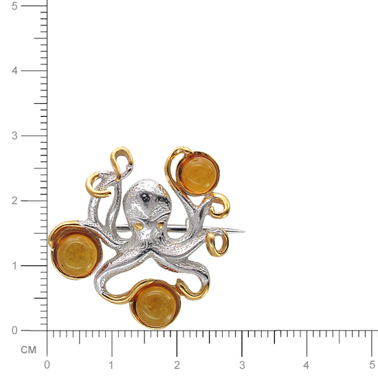 Брошь Осьминог с янтарем из серебра (арт. 830254)