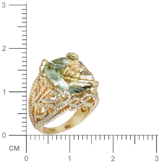 Кольцо с бриллиантами, празиолитом из желтого золота 750 пробы (арт. 832284)
