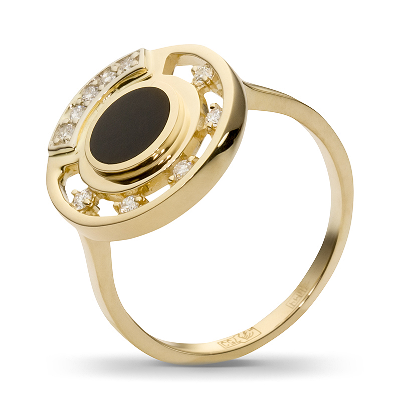 Кольцо с 10 бриллиантами, 1 ониксом из комбинированного золота 750 пробы (арт. 300897)