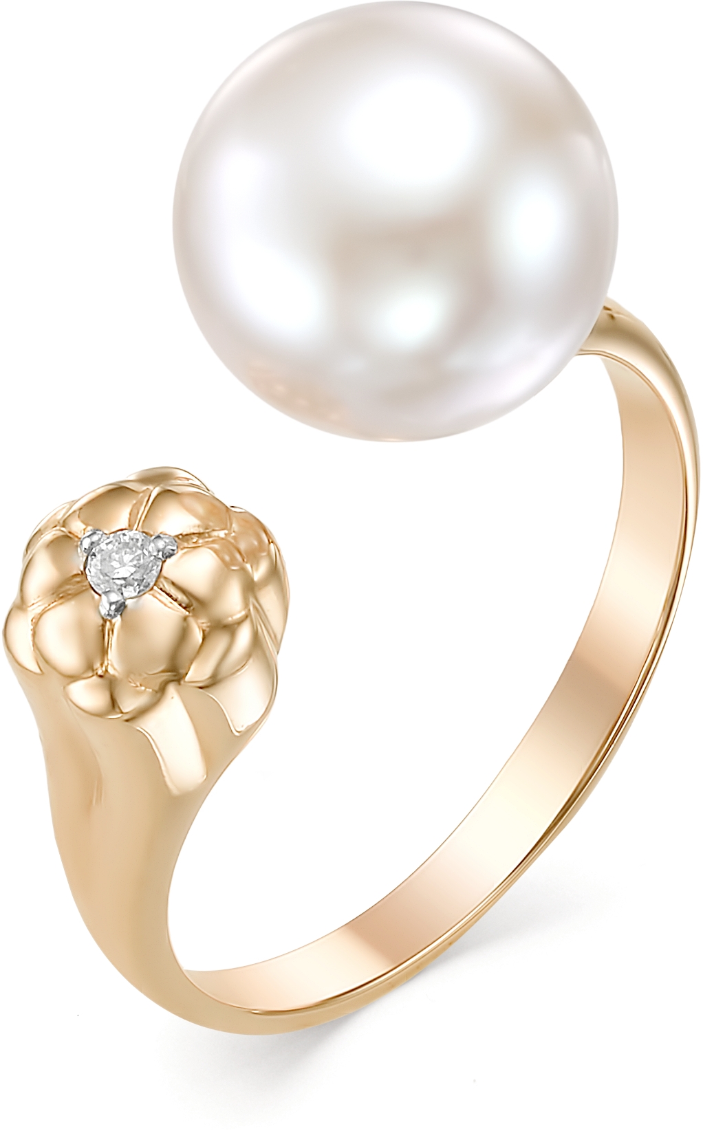 Кольцо Цветок безразмерное с жемчугом и бриллиантом из красного золота (арт. 816969)