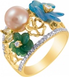 Кольцо Цветы с бриллиантами, цветными агатами, белыми и зелеными топазами, жемчугом из желтого золота (арт. 730987)