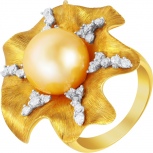 Кольцо Цветок с бриллиантами, жемчугом из желтого золота 750 пробы (арт. 730990)