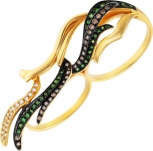 Кольцо на два пальца с бриллиантами и цаворитами из жёлтого золота (арт. 757049)