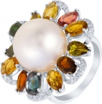 Кольцо с турмалинами, бриллиантами и жемчугом из белого золота (арт. 757228)
