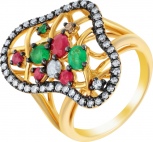 Кольцо с бриллиантами, изумрудами и рубинами из жёлтого золота (арт. 757258)