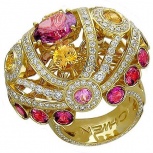 Кольцо с россыпью цветных и драгоценных камней из жёлтого золота 750 пробы (арт. 872070)