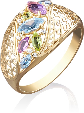 Кольцо с россыпью цветных камней из жёлтого золота (арт. 2216299)